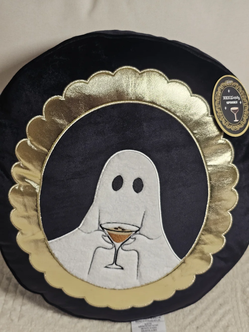 Spooky Ghost Cocktail Round Holiday Pillow - Black and Gold